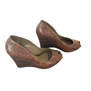 Massimo Dutti Brown Tooled Leather Wedge Shoes